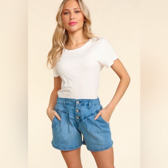 Haptics High Rise Button Fly Washed Denim Shorts - Picture 1 of 5
